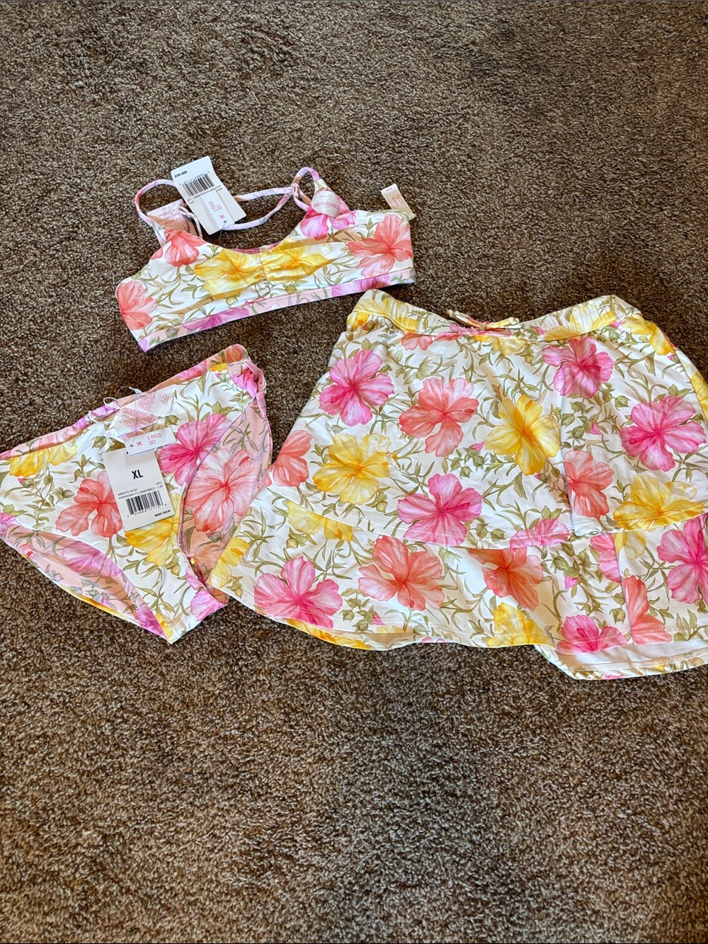 LoveShackFancy x Hurley 3 piece swim set Bikini with swim skirt XL